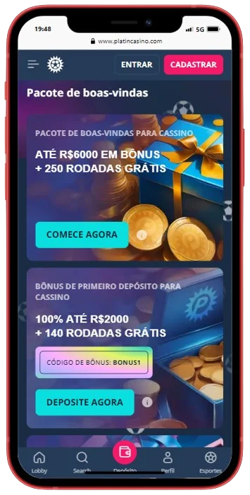 Seção de bônus no app Platincasino