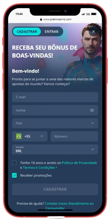 Seção de Registro do Platincasino App no iPhone