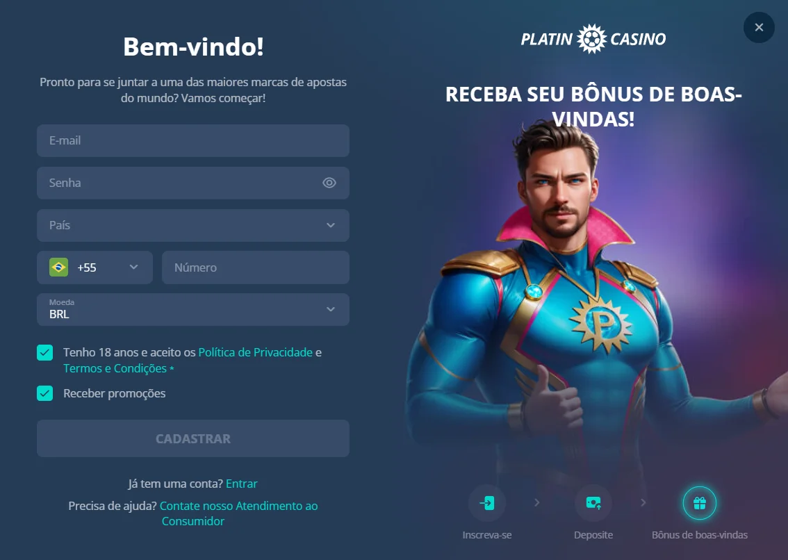 página de inscrição do platincasino