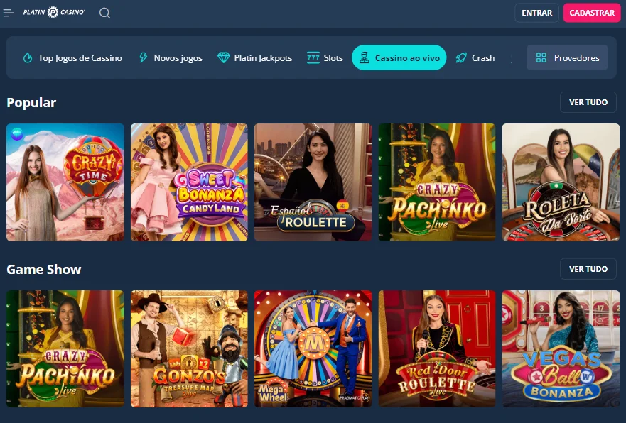 Todos os jogos com crupiê ao vivo no Platin Casino